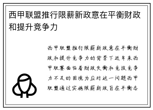 西甲联盟推行限薪新政意在平衡财政和提升竞争力
