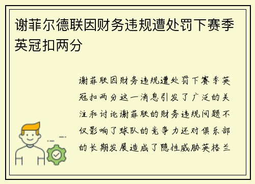 谢菲尔德联因财务违规遭处罚下赛季英冠扣两分 谢菲尔德联因财务违规遭处罚下赛季英冠扣两分