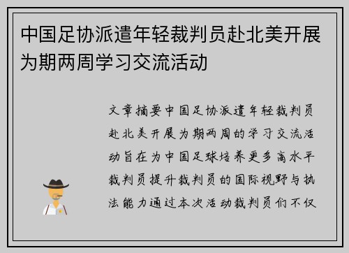 中国足协派遣年轻裁判员赴北美开展为期两周学习交流活动 中国足协派遣年轻裁判员赴北美开展为期两周学习交流活动